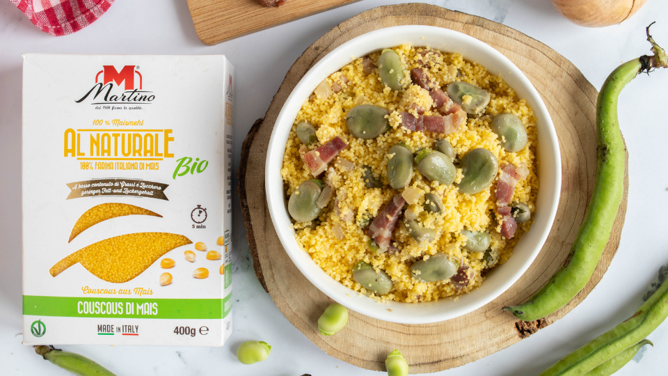 Couscous di mais con fave e pancetta